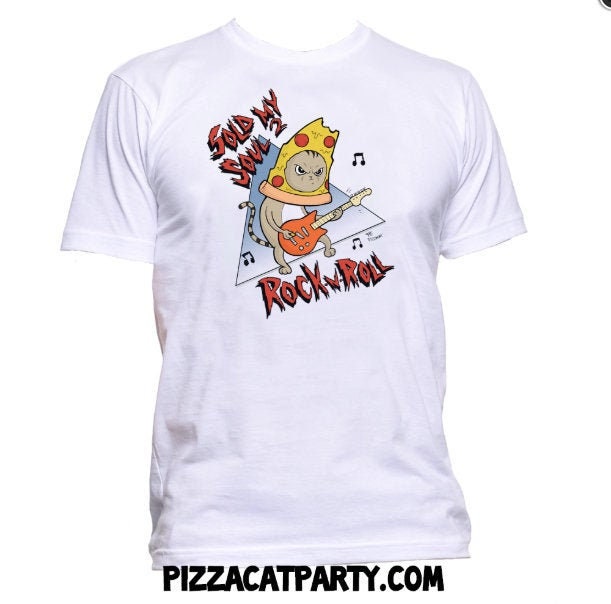 Verkauft Meine Seele An Rock N Roll T-Shirt, Katze Spielt Gitarre Shirt, Herren Musik Cat Pizza Dad von UNCLEGRUMPYINC