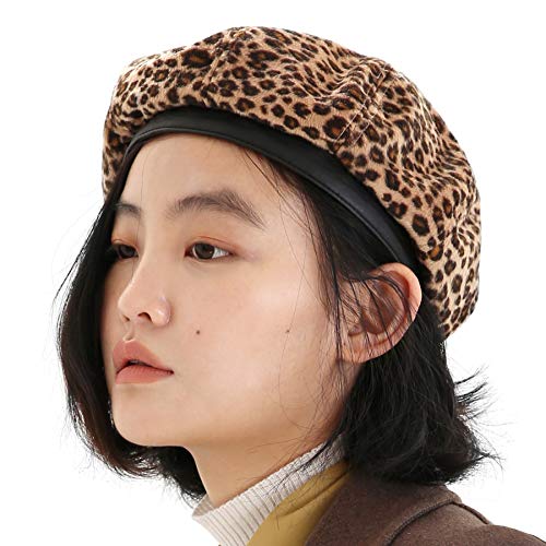 UNDERCONTROL Animal Classic French Artist Castro Leopardenmuster Ledermix Stilvoller Maler Größenverstellbare Baskenmütze Unisex Newsboy Jagdmütze Korea (Leopardenbraun) von UNDERCONTROL