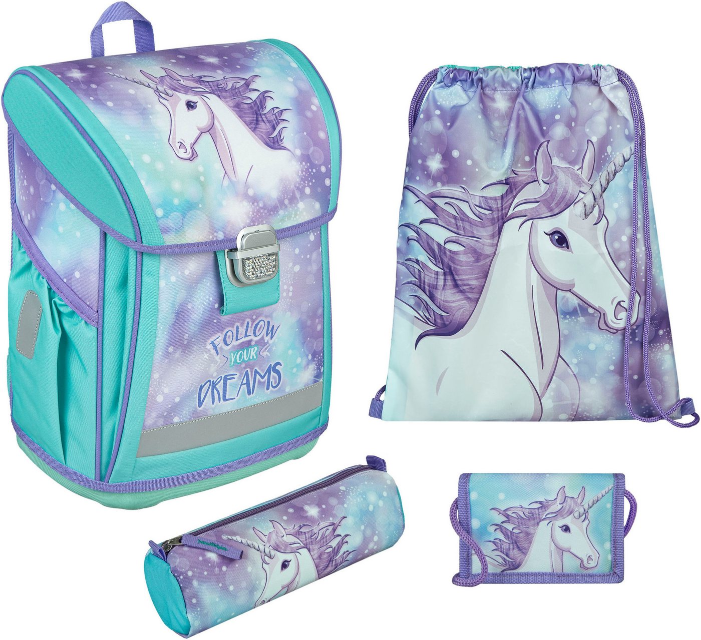 UNDERCOVER Schulranzen Curve, Einhorn (Set, 4-tlg., Schulranzen, Schlamperetui, Turnbeutel, Geldbörse) von UNDERCOVER