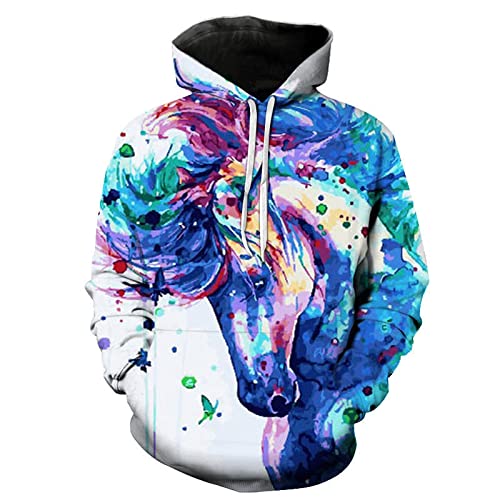 UNDERZY Damen Hoodie Hoodie 3D Digitaldruck Tier Pferd Herren Casual Pullover Europäische Größe Kapuzenpullover,R180,M von UNDERZY