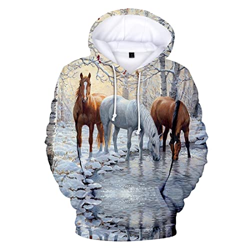 UNDERZY Sweatjacke Damen Mit Kapuze Hoodie 3D Digitaldruck Tier Pferd Herren Casual Pullover Europäische Größe Kapuzenpullover,W3923,S von UNDERZY