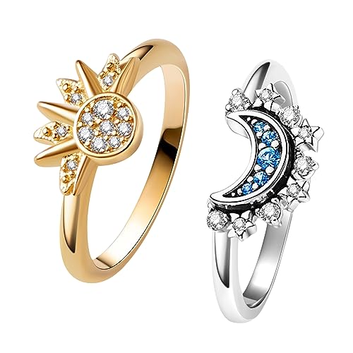 UNE DOUCE Celestial Sun and Moon Ring Set, Sparkling Sun Ring/Blue Moon Ring with 14k Gold/Silver Plating, Friendship Promise Ring, Stackable Celestial Rings, Gift for Women, Messing, Zirkonia von UNE DOUCE