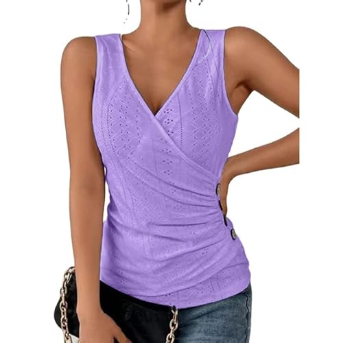 UNFAIRZQ Damen Sommer Ärmellos Sexy Wickelshirt V-Ausschnitt Tank Top Geraffte Seitliche Knöpfe Design Aushöhlen Ösen Slim Fit T-Shirts Blusen V-Ausschnitt Tank Tops für Damen von UNFAIRZQ