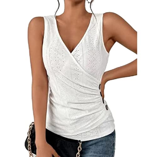 UNFAIRZQ Damen Sommer Ärmellos Sexy Wickelshirt V-Ausschnitt Tank Top Geraffte Seitliche Knöpfe Design Aushöhlen Ösen Slim Fit T-Shirts Blusen V-Ausschnitt Tank Tops für Damen von UNFAIRZQ