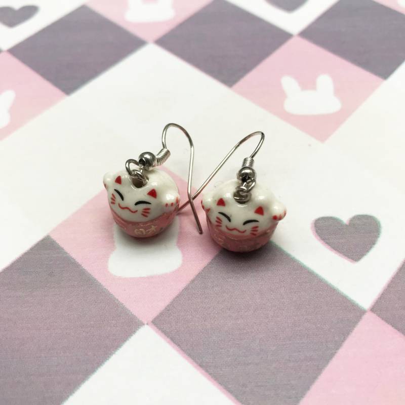 Ohrringe - Maneki Neko Keramik Weiß Rosa von UNICORNLOVERPARIS