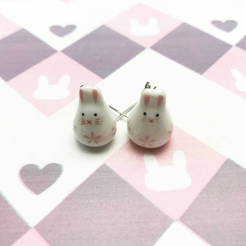 Ohrringe - Weißes Kaninchen Keramik Rosa Blumen von UNICORNLOVERPARIS