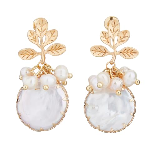 UNICRAFTALE 1 Paar 18 Karat Vergoldete Runde Perlenblatt Ohrringe Natürliche Muschelperlen Ohrstecker Trendige Bequeme Süßwasser Ohrhänger Hochzeits Brautjungfern Hängeschmuck Für Frauen von UNICRAFTALE