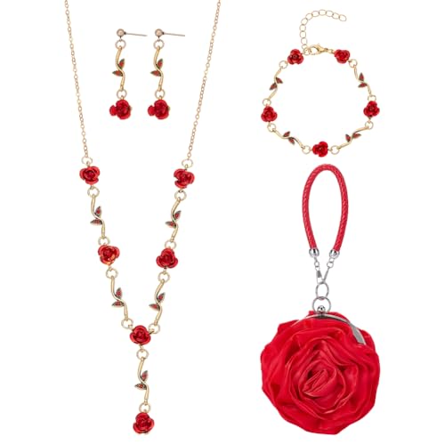 UNICRAFTALE 1 Set 4 Teilig Rote Rosen Schmucksets Blumen Halskette Ohrringe Armband Für Frauen Rose Clutch Handtasche Vergoldete Schmucksets Für Partys Muttertagsgeschenke von UNICRAFTALE