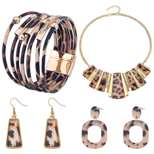 UNICRAFTALE 1 Set Bohemia Leoparden Schmuckset Für Damen Mehrschichtige Leder Wickelarmbänder Leopardenmuster Halskette 2 Paar Rechteckige Ohrstecker Trapezförmige Ohrringe Für Cosplay Partys von UNICRAFTALE