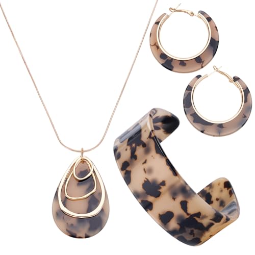 UNICRAFTALE 1 Set Leopardenharz Schmuckset Für Damen Kunststoff Tropfenanhänger Halsketten Creolen Ohrringe Armreif Stilvolles Schmuckset Für Frau Schmuck Verlobung Hochzeit Geschenk Zum Valentinstag von UNICRAFTALE
