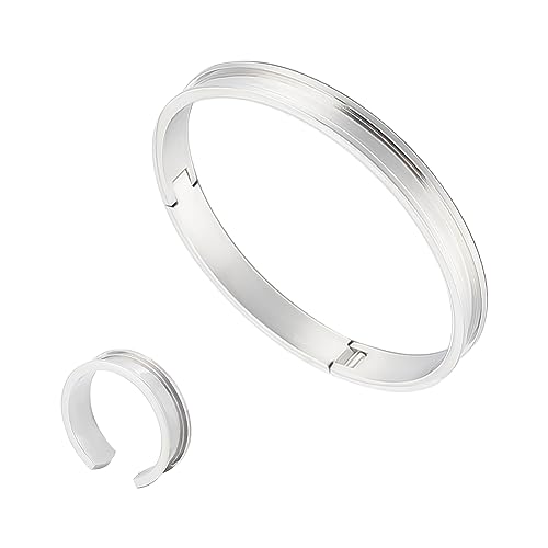 UNICRAFTALE 1 Stück Gerillter Offener Armreif Und 1 Stk Rohlinge Fingerring Edelstahl Armreif Haargummi Manschetten Armband Rohlinge Kernring Edelstein Leder Inlay Armband als Geschenk Für Frauen von UNICRAFTALE