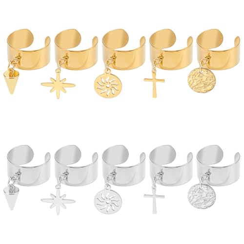 UNICRAFTALE 10 Stück 10 Stilen Charm Ring Edelstahl Damenring Verstellbare Ringe Mit Kegel Charms Ring Mit Anhängern Offene Fingerringe Für Neujahrs Und Weihnachtsgeschenke Schmuckring von UNICRAFTALE