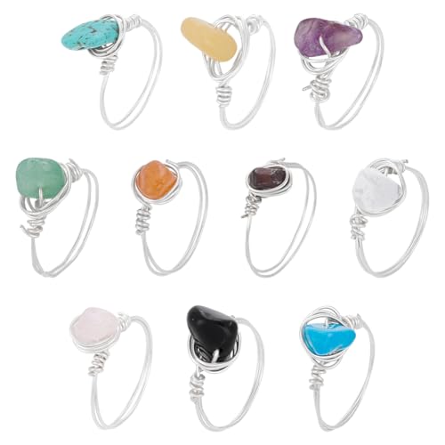 UNICRAFTALE 10 Stück Chakra Kristallringe Für Damen 10 Stile Edelsteinringe Mit Kupferdraht Umwickelter Ring Unregelmäßiger Bunter Edelsteinring Für Frauen (Splitter) von UNICRAFTALE