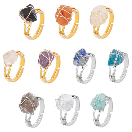 UNICRAFTALE 10 Stück Chakra Kristallringe Verstellbare Edelsteinringe Mit Kupferdraht Umwickelter Ring Unregelmäßig Verstellbarer Ring Für Die Schmuckherstellung von Frauen (Platin Und Gold) von UNICRAFTALE