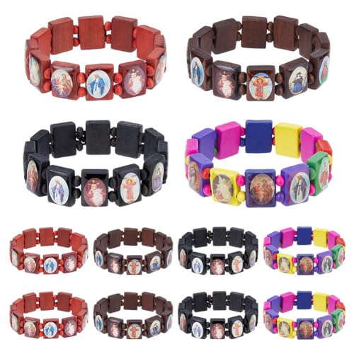 UNICRAFTALE 12 Stück 4 Farben Holzmuster Fliesenarmbänder 4.9cm Ethnisches Heiligen Armbandset Bedrucktes Holz Rechteckige Perlen Stretch Armbänder Göttinnen Gebetsmanifestationsarmband Für Frauen von UNICRAFTALE