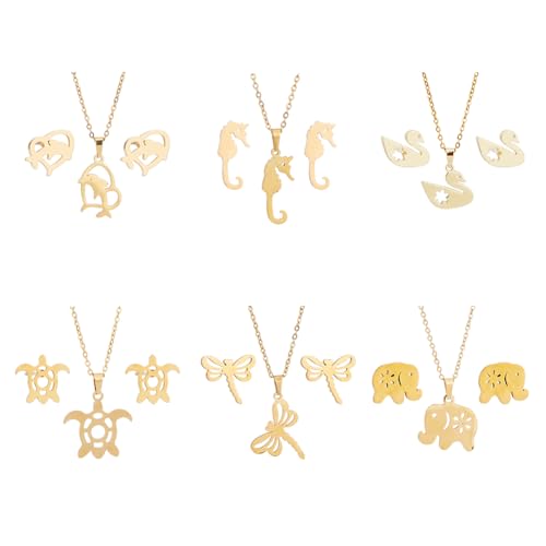 UNICRAFTALE 12 Stück 6 Sets Edelstahl Tierschmuckset Goldene Meeresschildkröte Kettenhalskette Delphin Ohrstecker Modische Dünne Kettenhalskette Geburtstags Und Weihnachtsgeschenke Für Die Frau von UNICRAFTALE