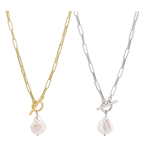 UNICRAFTALE 2 Stück 2 Farben Perlenanhänger Halskette 44.7cm Golden OT Knebelverschluss Choker Edelstahl OT Schnalle Perlen Choker Halskette Hochzeitsschmuck Geschenke Für Frauen von UNICRAFTALE