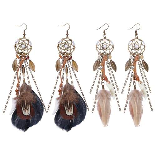 UNICRAFTALE 2 Paar Braune Lange Quasten Federperlen Punk Tropfen Wolfszahn Anhänger Traumfänger Ohrringe Baumelnde Böhmische Angelhaken Traumfänger Design Ohrringe Geschenk Für Frauen von UNICRAFTALE