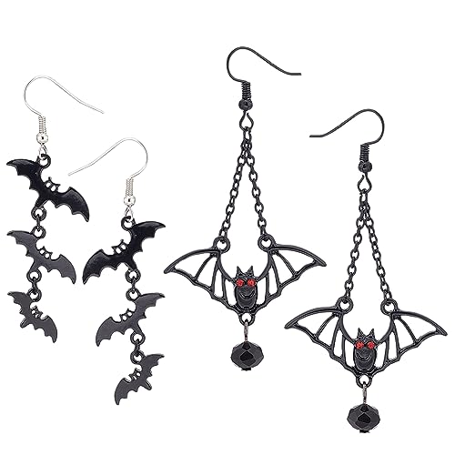 UNICRAFTALE 2 Paar 2 Stile Dunkle Fledermaus Ohrringe Halloween Fledermaus Ohrhänger Schwarz 3 Fledermäuse Lange Tropfenohrringe Gotische Gruselige Horror Ohrringe Halloween Cosplay Party Für Damen von UNICRAFTALE