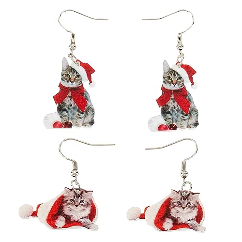 UNICRAFTALE 2 Paar Weihnachts Katzen Ohrhänger Süße Kätzchen Charm Ohrringe Rote Katzenmütze Platinbeschichtete Urlaubs Ohrhänger Schmuck Für Frauen Festival Ohrhänger von UNICRAFTALE