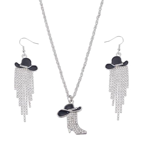 UNICRAFTALE 2 Stile Western West Cowgirl Cowboy Ohrringe Halsketten Set Funkelnde Strass Quasten Cowgirl Hut Ohrringe Kristall Stiefel Cowboy Hut Anhänger Halskette Für Frauen Geschenke von UNICRAFTALE