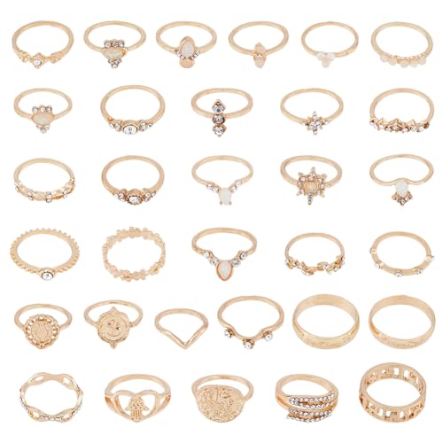 UNICRAFTALE 32 Stück Goldene Knöchelringe Set Gold Ring Damen Strass Stapelringe Strass Retro Vintage Gelenkfingerringe Einfache Stapelringe Sets Süße Ringe Für Frau von UNICRAFTALE