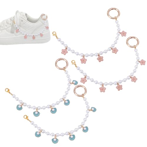 UNICRAFTALE 4 Stück 2 Stile Perlen Schuhketten Perlen Schnürsenkel Anhänger Metall Sneaker Kette Blaue Muschel Rosa Blumen Schuh Accessoires Schuh Charm Dekoration Für Damen Sandalen Stiefel von UNICRAFTALE