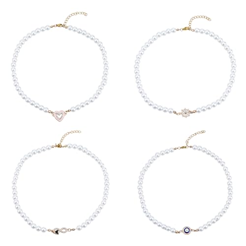 UNICRAFTALE 4 Stück 4 Stilen Perlenketten Für Frauen Perlen Halskette Stränge Verstellbare Kette Halskette Mit Herz Anhänger Böser Blick Schmuck Geschenk Für Frauen Zum Geburtstag von UNICRAFTALE