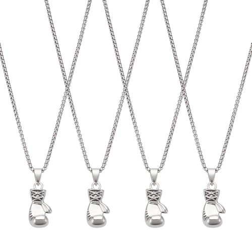 UNICRAFTALE 4 Stück Boxhandschuh Anhänger Halskette Für Herren Antik Silber Metall Punk Anhänger Sport Boxer Anhänger Halskette Geschenk 60cm Verstellbar Damen Sportler Fitness Halsketten von UNICRAFTALE