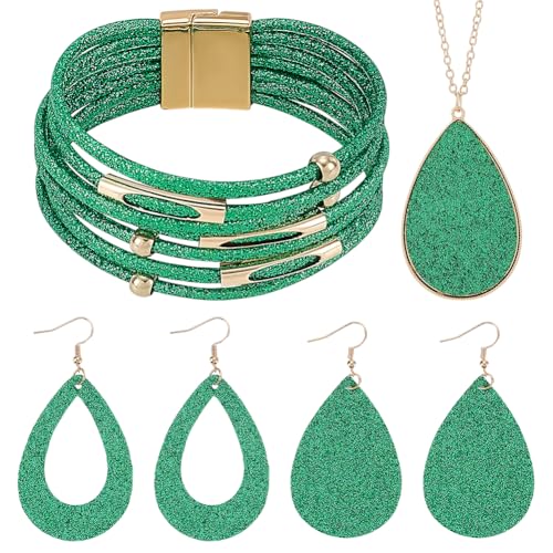 UNICRAFTALE 4 Stück Damen Glitzer Schmuckset Mehrlagige Armbänder Kunstleder Baumelnde Ohrringe Halsketten Grüner Schmuck Für Braut Hochzeit Party Kostümzubehör von UNICRAFTALE