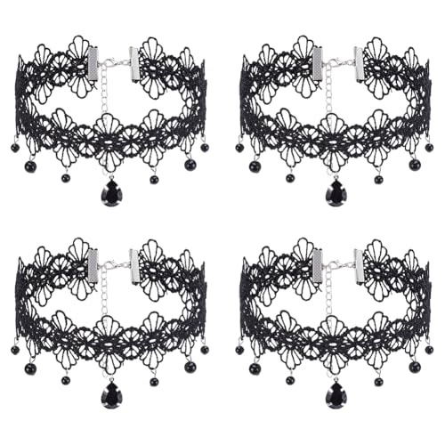 UNICRAFTALE 4 Stück Halsketten Im Gothic Stil Schwarze Blumen Spitzen Choker Halsketten Damen Quasten Spitzen Choker Lolita Kostüm Zubehör Schmuck Für Halloween Karneval Maskerade Party von UNICRAFTALE