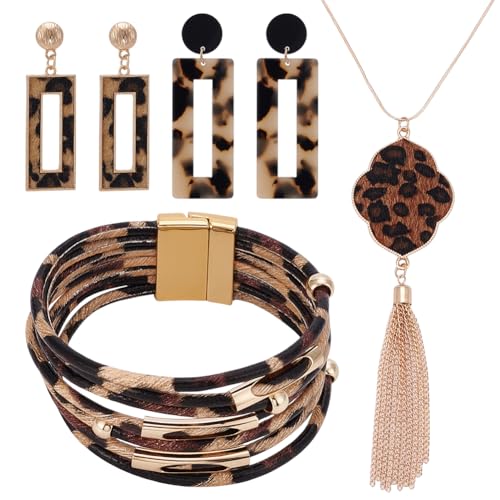 UNICRAFTALE 4 Stück Leopardenmuster Schmuckset Mehrschichtige Lederarmbänder Böhmische Ohrringe Armbänder Halskette Leoparden Quastenhalskette Rechteckige Baumelnde Ohrringe Für Frauen UNICRAFTALE 4 Stück Leopardenmuster Schmuckset Mehrschichtige Lederarmbänder Böhmische Ohrringe Armbänder Halskette Leoparden Quastenhalskette Rechteckige Baumelnde Ohrringe Für Frauen von UNICRAFTALE