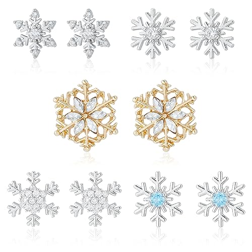 UNICRAFTALE 5 Paar Schneeflocken Ohrringe 5 Stile Weihnachts Ohrstecker Schneeblumen Ohrring Winter Ohrstecker Mit Kristallen Strass Weihnachts Und Valentinstagsschmuck Geschenke Für Frauen von UNICRAFTALE