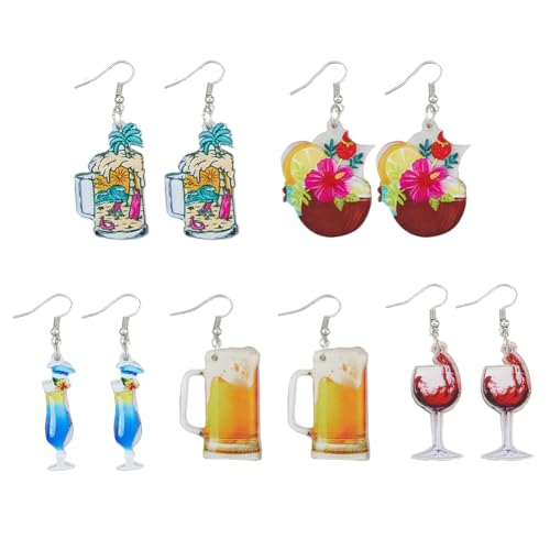 UNICRAFTALE 5 Paar Weinglas Ohrringe für Damen Bier Ohrhänger Cocktail Drink Ohrringe Lustige Kokosnuss Ohrringe Hawaiianische Sommer Ohrringe Whiskyglas Ohrringe Festliche Party Ohrringe für Frauen von UNICRAFTALE
