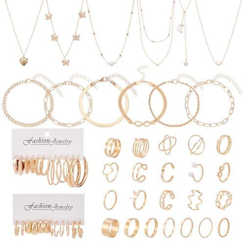 UNICRAFTALE 58 Stück Goldschmuckset Für Damen Creolen Ohrstecker Anhänger Halsketten Ringe Armbänder Vergoldeter Schmuck Modisches Kostümset Für Damen von UNICRAFTALE