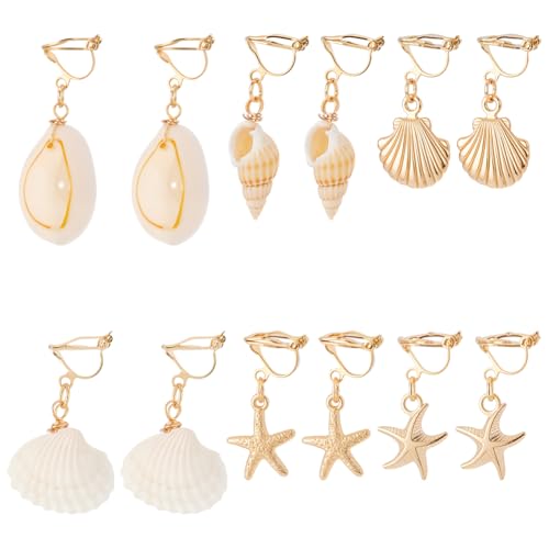 UNICRAFTALE 6 Paar 6 Stile Edelstahl Ohrclips Clip Ohrringe Goldene Ozean Ohrhänger Für Damen Nicht Durchstochene Ohrringe Sommer Ohren Natürliche Muschel Ohrclips Für Frauen Geschenke von UNICRAFTALE