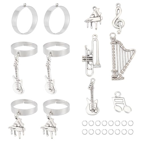 UNICRAFTALE 6 Sets 6 Stile Charms Ring Edelstahl Damen Ring Ring Und Anhänger Musikinstrument Anhänger Ring Verstellbare Ringe Manschette Fingerring Komponenten Für DIY Ring Schmuckherstellung von UNICRAFTALE