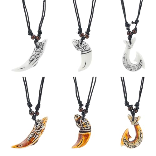 UNICRAFTALE 6 Stück 2 Farben Maori Halsketten Fisch Anhänger Halsketten Angelhaken Anhänger Tribal Halsketten Ozeanharz Haifischmotiv Verstellbaren Schwarzen Wachsseilen Für Männer Und Frauen von UNICRAFTALE