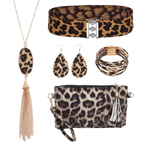 UNICRAFTALE 6Pcs Leopard Print Schmuck Set Boho Leopard Halskette Teardrop Ohrringe Multi Layered Armbänder Clutch Handtasche Gürtel Winter Stylish Schmuck Weihnachten Geschenk für Frauen von UNICRAFTALE