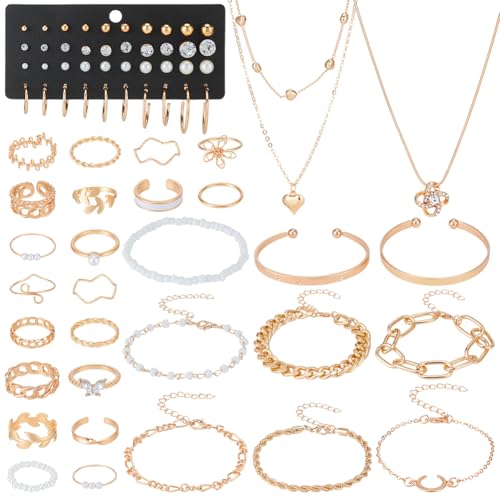 UNICRAFTALE 71 Stück Goldenes Schmuckset Für Damen Ohrstecker Creolen Herzanhänger Halsketten Gemischte Ringe Armbänder Armreifen Vergoldeter Schmuck Modisches Kostümset Für Damen von UNICRAFTALE