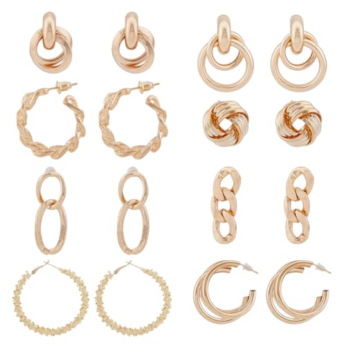 UNICRAFTALE 8 Paar Goldene Creolen Ohrring Set Baumelnde Ohrstecker Klobige Kette Gedrehte Creolen Geometrische Doppelknoten Ohrringe Für Frauen Geburtstagsgeschenke von UNICRAFTALE