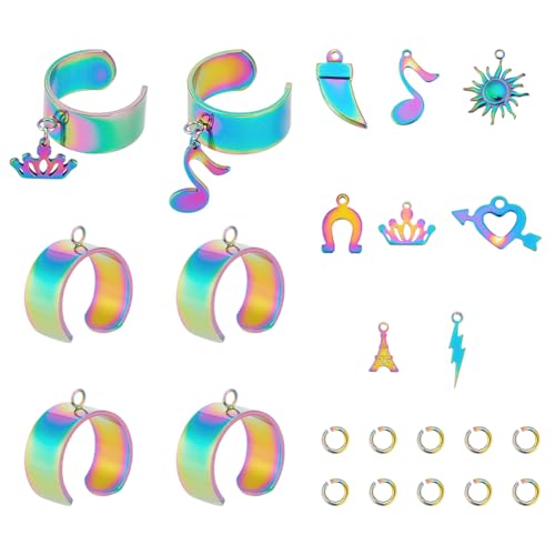 UNICRAFTALE 8 Sets Charm Ringe Edelstahl Ring Verstellbare Ringe Mit Anhängern Regenbogenfarbe Sonne Herz Charms Offene Manschette Fingerring Komponenten Für Damen DIY Ring Schmuckherstellung von UNICRAFTALE