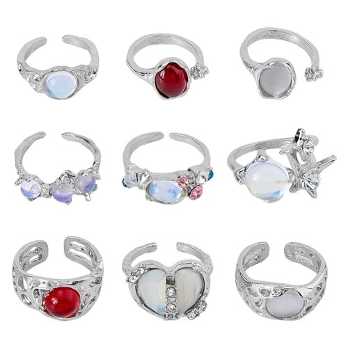 UNICRAFTALE 9 Stück Y2k Ringe Unregelmäßig Verstellbarer Offener Ring Kristall Stapelbare Ringe Öffnung Metall Manschettenringe Verlobungsring Valentinstag Hochzeitsgeschenke Für Frauen Bräute von UNICRAFTALE