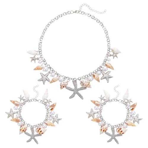 UNICRAFTALE Muschel Seestern Halsketten Armband Sets 1 Stück Muschel Conch Statement Klobige Halskette 2 Stück Muschel Perlen Armband Platin Meerjungfrau Kostüm Sommer Strand Schmuck Für Frauen Party von UNICRAFTALE