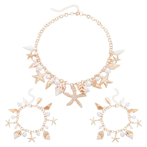 UNICRAFTALE Muschel Seestern Halsketten Armband Sets Für Damen 1 Stück Muschel Muschel Statement Klobige Halskette 2 Stück Seestern Perlenarmband Goldenes Meerjungfrauen Kostüm Sommer Strandschmuck von UNICRAFTALE