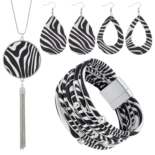 UNICRAFTALE Schwarz Weißes Zebra Schmuckset Tropfenohrringe Runde Halskette Mit Quaste Kunstleder Mehrlagiges Armband Stilvolles Schmuckset Für Weihnachtsgeschenke Damen Partyschmuck von UNICRAFTALE