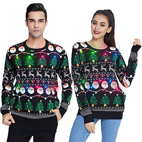 UNIFACO Weihnachtspullover Damen LED Light Herren Lustig Weihnachtspulli Familie Hässliche Xmas Jumper Sweater Pulli Strickpullover für Weihnachtsparty XL von UNIFACO