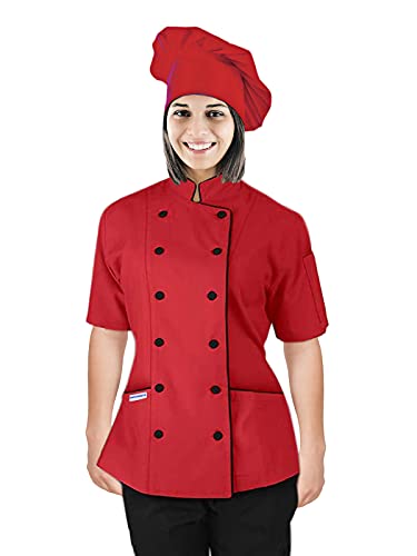 UNIFORMATES Kurzarm Kochmantel Jacke Uniform mit Kochmütze für Damen für Gastronomie, Bäcker und Kochprofis (Rot, XXL) von UNIFORMATES