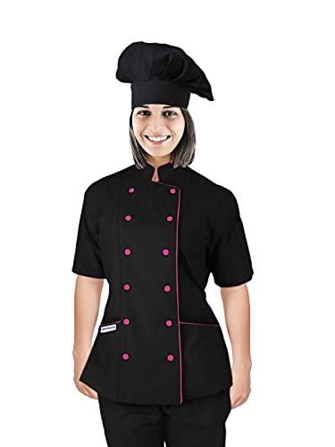 UNIFORMATES Kurzarm Kochmantel Jacke Uniform mit Kochmütze für Damen für Gastronomie, Bäcker und Kochprofis (Schwarz/Rosa Paspel, M) von UNIFORMATES