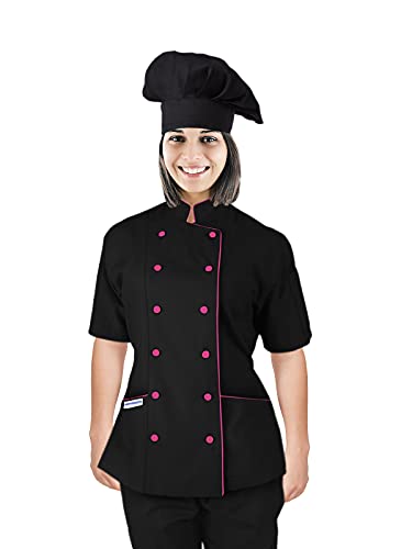 UNIFORMATES Kurzarm Kochmantel Jacke Uniform mit Kochmütze für Damen für Gastronomie, Bäcker und Kochprofis (Schwarz/Rosa Paspel, XXL) von UNIFORMATES